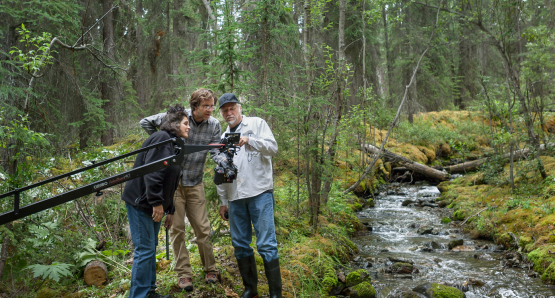 Jennifer Baichwal, Nicholas de Pencier and Edward Burtynsky working in Northern British Columbia, Canada, 2012. Photo courtesy of Anthropocene Films Inc. © 2018