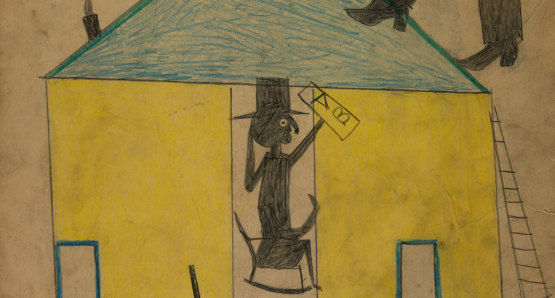 Untitled (Yellow and Blue House with Figures and Dog) by Bill Traylor from the collection of the Smithsonian American Art Museum @1994 Bill Traylor Family Trust