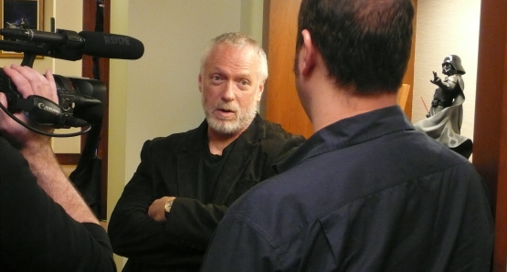 Drew Struzan talks to Erik Sharkey at Lucasfilm during the filming of DREW: THE MAN BEHIND THE POSTER.