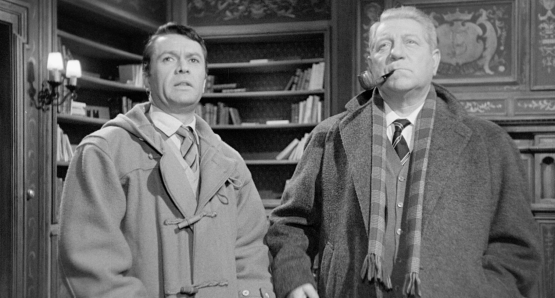Robert Hirsch and Jean Gabin in MAIGRET AND THE ST. FIACRE CASE.